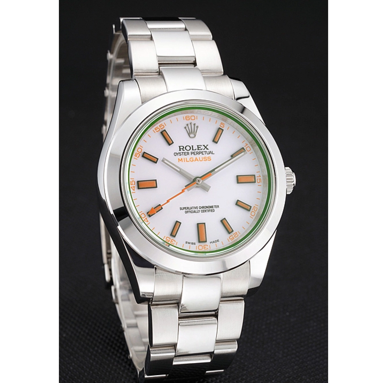 Aaa replica watch And Rolex White Stainless Bracelet Steel Markings Orange Case Dial Swiss Milgauss 0731
